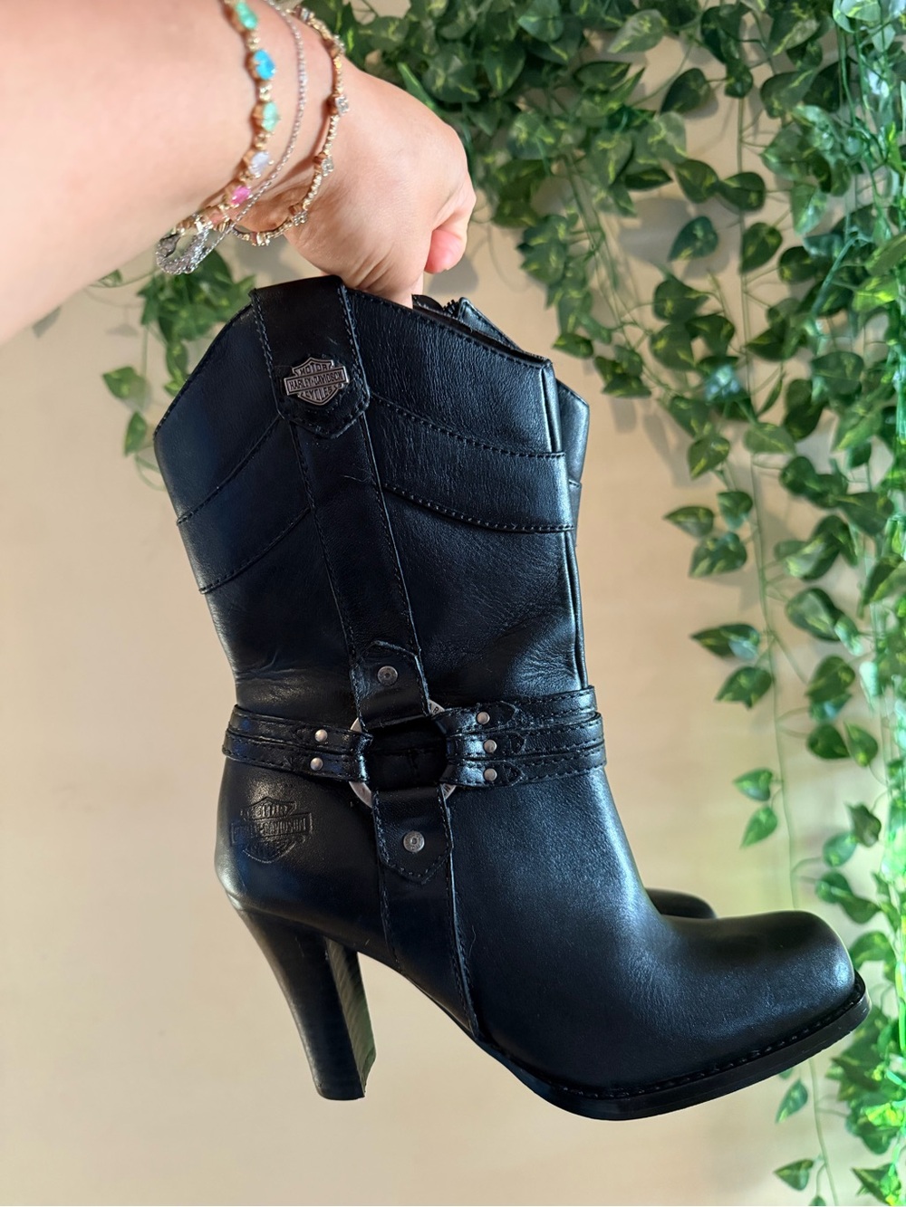 Harley-Davidson Black Leather Western Harness Ankle Boots